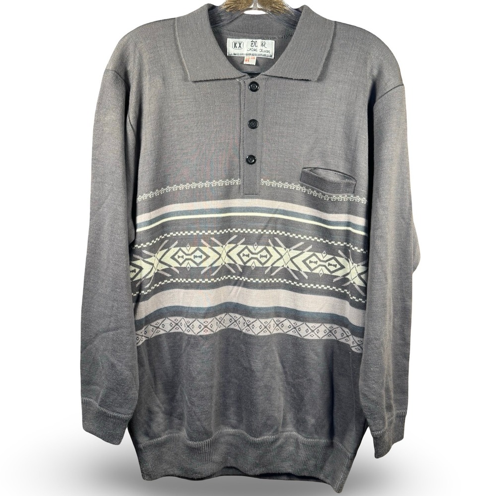 Vintage Wool Sweatershirt Men's Quarter Button Size 2XL Polo Gray Pullover 90s